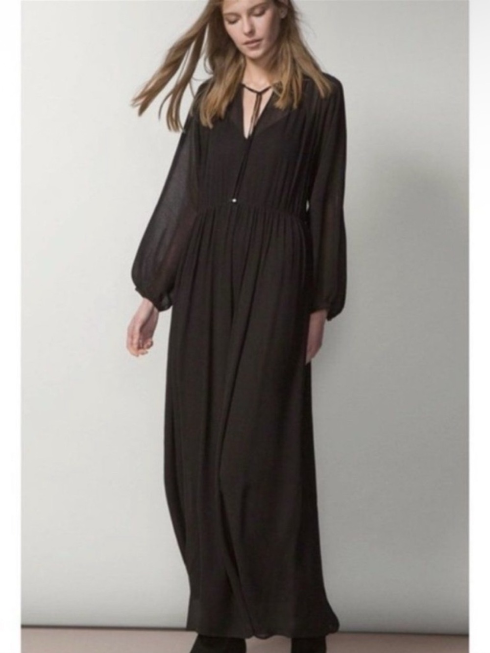 MASSIMO‎ DUTTI Black Crinkle Maxi Dress Boho Witchy Whimsigoth Minimalist S